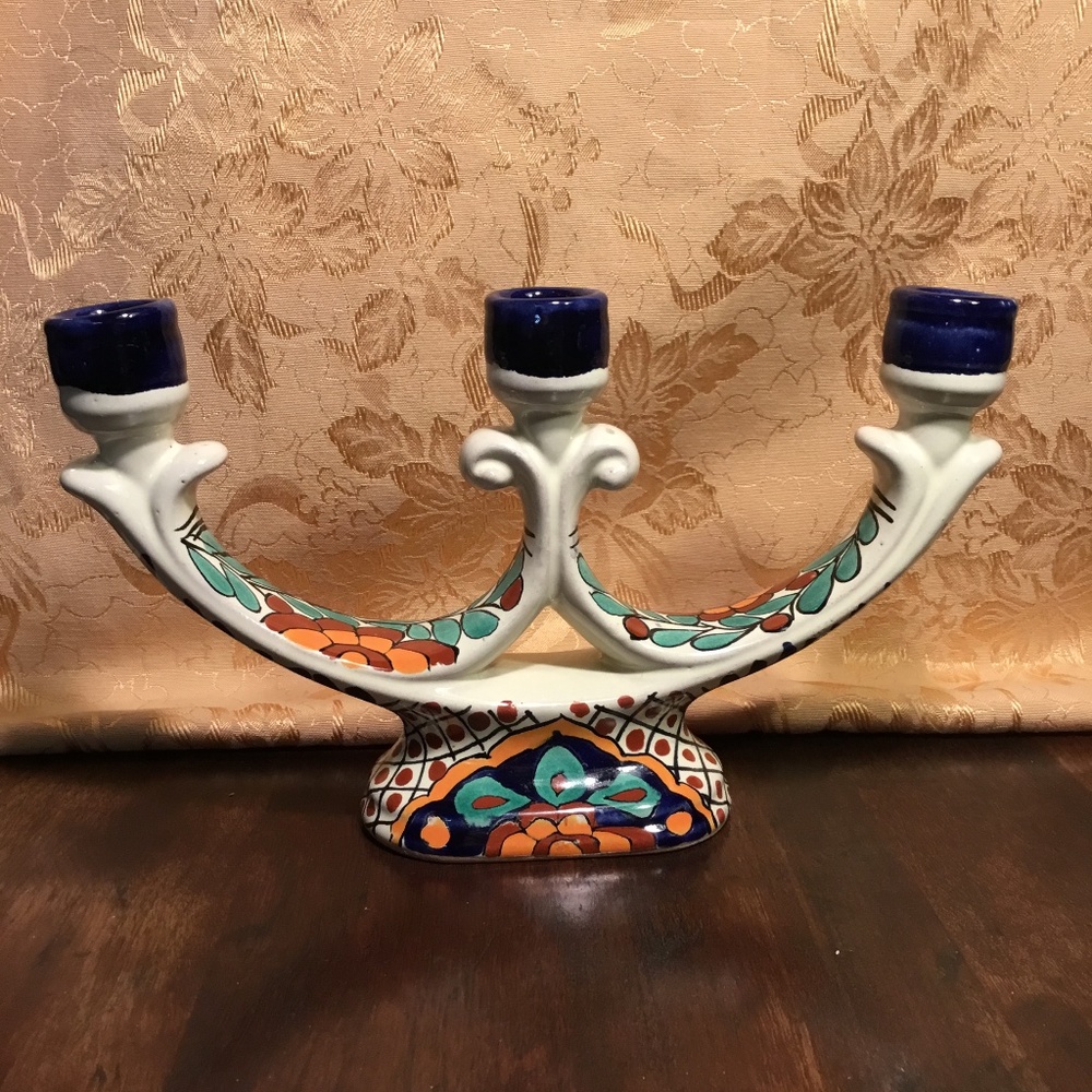 MEXICAN POTTERY GARAY 3 LITE CANDELABRA, CANDLESTICK, FOLK ART